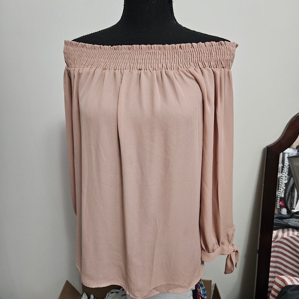 TIMING Blouse Tan Taupe 3/4 tie sleeve off shoulder womens size S